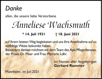 Traueranzeige von Anneliese Wachsmuth von Mannheimer Morgen