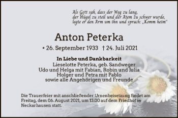 Traueranzeige von Anton Peterka von Mannheimer Morgen