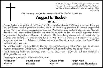Traueranzeige von August Becker von Mannheimer Morgen