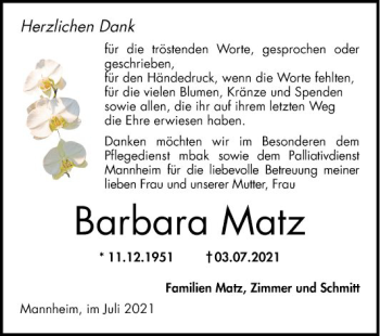 Traueranzeige von Barbara Matz von Mannheimer Morgen