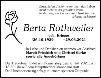 Traueranzeige von Berta Rothweiler von Mannheimer Morgen