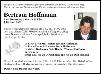 Traueranzeige von Bertram Hoffmann von Fränkische Nachrichten