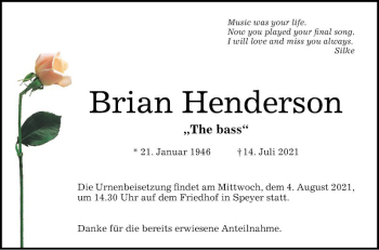 Traueranzeige von Brian Henderson von Mannheimer Morgen