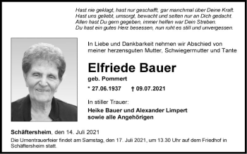 Traueranzeige von Elfriede Bauer von Fränkische Nachrichten