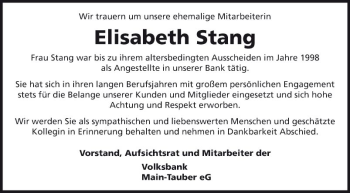 Traueranzeige von Elisabeth Stang von Fränkische Nachrichten