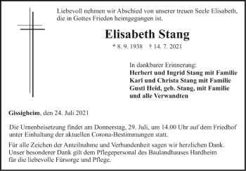 Traueranzeige von Elisabeth Stang von Fränkische Nachrichten