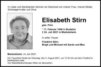 Traueranzeige von Elisabeth Stirn von Fränkische Nachrichten