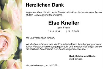 Traueranzeige von Else Kneller von Fränkische Nachrichten