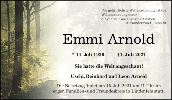 Traueranzeige von Emmi Arnold von Bergsträßer Anzeiger