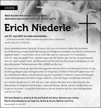 Traueranzeige von Erich Niederle von Fränkische Nachrichten