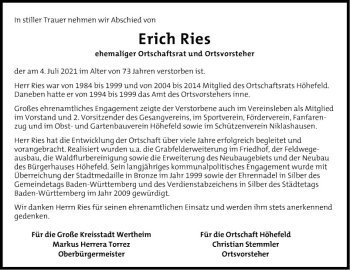 Traueranzeige von Erich Ries von Fränkische Nachrichten