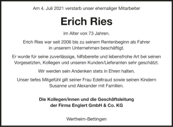 Traueranzeige von Erich Ries von Fränkische Nachrichten