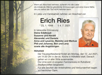 Traueranzeige von Erich Ries von Fränkische Nachrichten