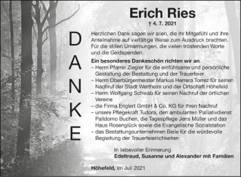 Traueranzeige von Erich Ries von Fränkische Nachrichten