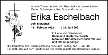 Traueranzeige von Erika Eschelbach von Mannheimer Morgen