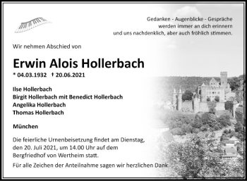 Traueranzeige von Erwin Alois Hollerbach von Fränkische Nachrichten