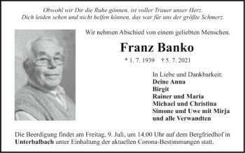 Traueranzeige von Franz Banko von Fränkische Nachrichten