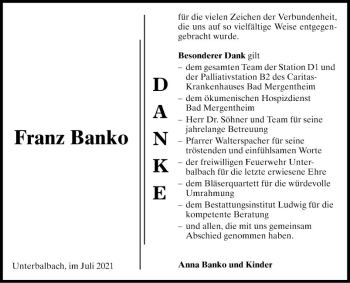 Traueranzeige von Franz Banko von Fränkische Nachrichten