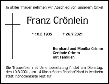 Traueranzeige von Franz Crönlein von Mannheimer Morgen