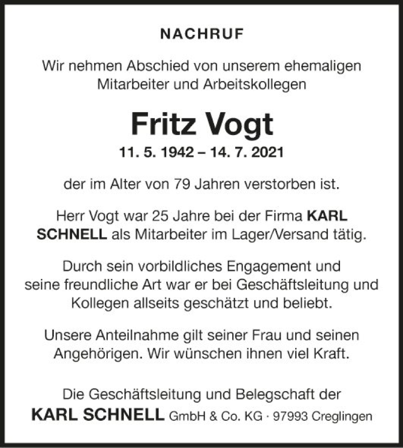  Traueranzeige für Fritz Vogt vom 22.07.2021 aus Fränkische Nachrichten
