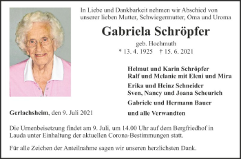 Traueranzeige von Gabriela Schröpfer von Fränkische Nachrichten