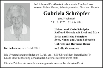 Traueranzeige von Gabriela Schröpfer von Fränkische Nachrichten