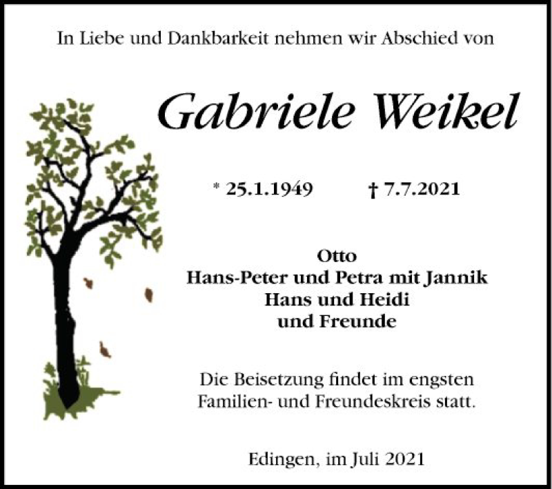  Traueranzeige für Gabriele Weikel vom 17.07.2021 aus Mannheimer Morgen