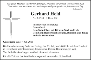 Traueranzeige von Gerhard Heid von Fränkische Nachrichten