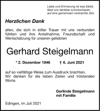 Traueranzeige von Gerhard Steigelmann von Mannheimer Morgen