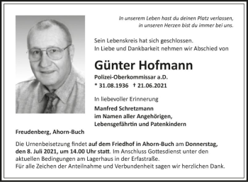 Traueranzeige von Günter Hofmann von Fränkische Nachrichten