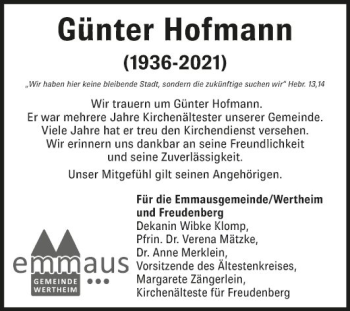 Traueranzeige von Günter Hofmann von Fränkische Nachrichten