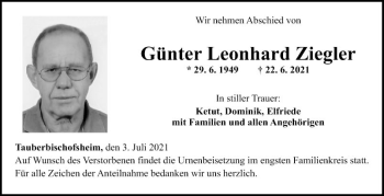 Traueranzeige von Günter Leonhard Ziegler von Fränkische Nachrichten