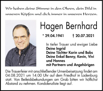 Traueranzeige von Hagen Bernhard von Mannheimer Morgen