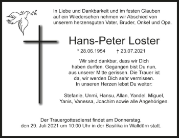 Traueranzeige von Hans-Peter Loster von Fränkische Nachrichten