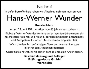 Traueranzeige von Hans-Werner Wunder von Mannheimer Morgen