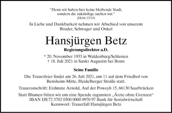 Traueranzeige von Hansjörgen Betz von Bergsträßer Anzeiger