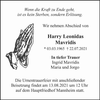 Traueranzeige von Harry Leonidas Mavridis von Mannheimer Morgen