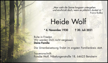 Traueranzeige von Heide Wolf von Bergsträßer Anzeiger