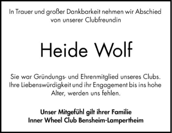 Traueranzeige von Heide Wolf von Bergsträßer Anzeiger