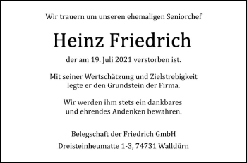 Traueranzeige von Heinz Friedrich von Fränkische Nachrichten