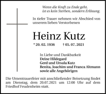 Traueranzeige von Heinz Kutz von Mannheimer Morgen