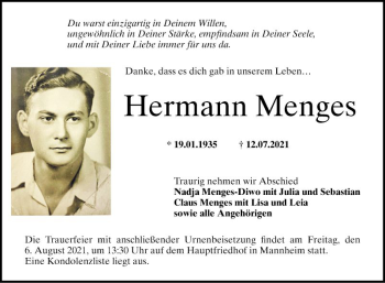 Traueranzeige von Hermann Menges von Mannheimer Morgen