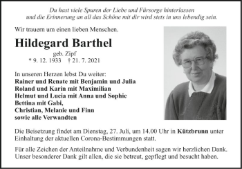 Traueranzeige von Hildegard Barthel von Fränkische Nachrichten