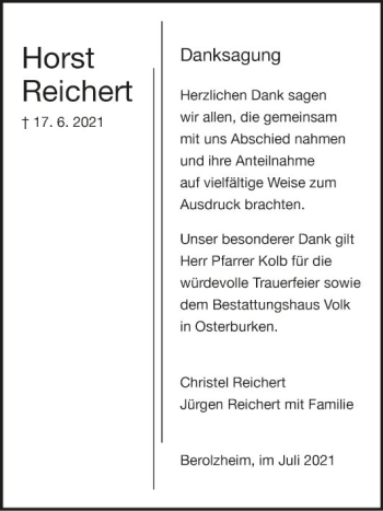 Traueranzeige von Horst Reichert von Fränkische Nachrichten