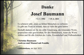 Traueranzeige von Josef Baumann von Fränkische Nachrichten