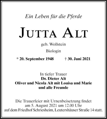 Traueranzeige von Jutta Alt von Mannheimer Morgen