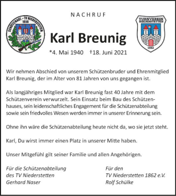 Traueranzeige von Karl Breunig von Fränkische Nachrichten