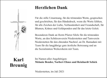 Traueranzeige von Karl Breunig von Fränkische Nachrichten