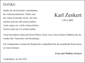 Traueranzeige von Karl Zenkert von Fränkische Nachrichten