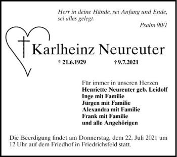 Traueranzeige von Karlheinz Neureuter von Schwetzinger Zeitung